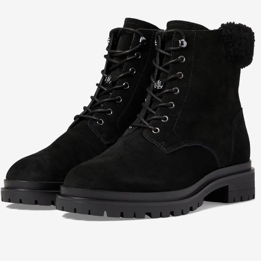 Ralph Lauren Carlie Lace Up Black Suede Leather Boots Size 9 NEW